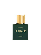 A dark green bottle of Favonius London Extrait de Parfum by Fragrapedia Haus, with a shiny gold rectangular cap, is shown against a plain white background.