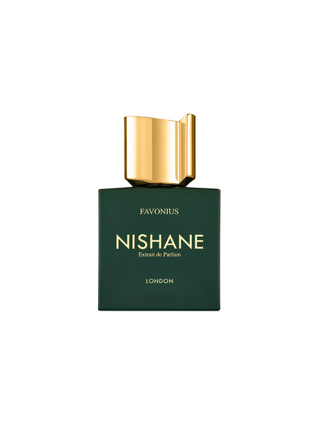 A dark green bottle of Favonius London Extrait de Parfum by Fragrapedia Haus, with a shiny gold rectangular cap, is shown against a plain white background.