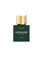 A dark green bottle of Favonius London Extrait de Parfum by Fragrapedia Haus, with a shiny gold rectangular cap, is shown against a plain white background.