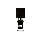 A clear glass bottle with black liquid labeled Black Afgano Extrait de Parfum by Fragrapedia Haus, featuring a large textured black cap and known for its bold hashish scent, is set against a plain white background.