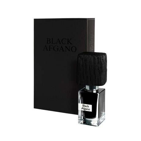 A bottle of Black Afgano Extrait de Parfum by Fragrapedia Haus with a black rectangular cap stands before a matching box labeled BLACK AFGANO, capturing the essence of a hashish-inspired fragrance.