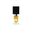 A clear glass bottle of Duro Extrait de Parfum by Fragrapedia Haus, with amber liquid and a bold black square cap, displayed on white—a striking fragrance for men.