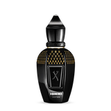 A black Tony Iommi Eau de Parfum - Xerjoff bottle by Fragrapedia Haus features gold accents, a pointed cap, “10M11 DEIFIED” at the base, and an embossed X on the front, inspired by Tony Iommi Deified.