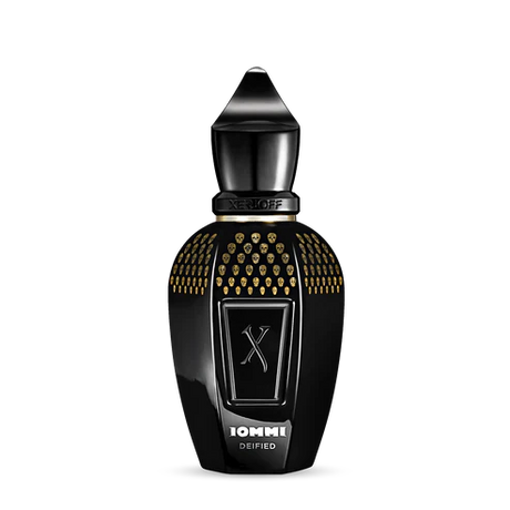 A black Tony Iommi Eau de Parfum - Xerjoff bottle by Fragrapedia Haus features gold accents, a pointed cap, “10M11 DEIFIED” at the base, and an embossed X on the front, inspired by Tony Iommi Deified.