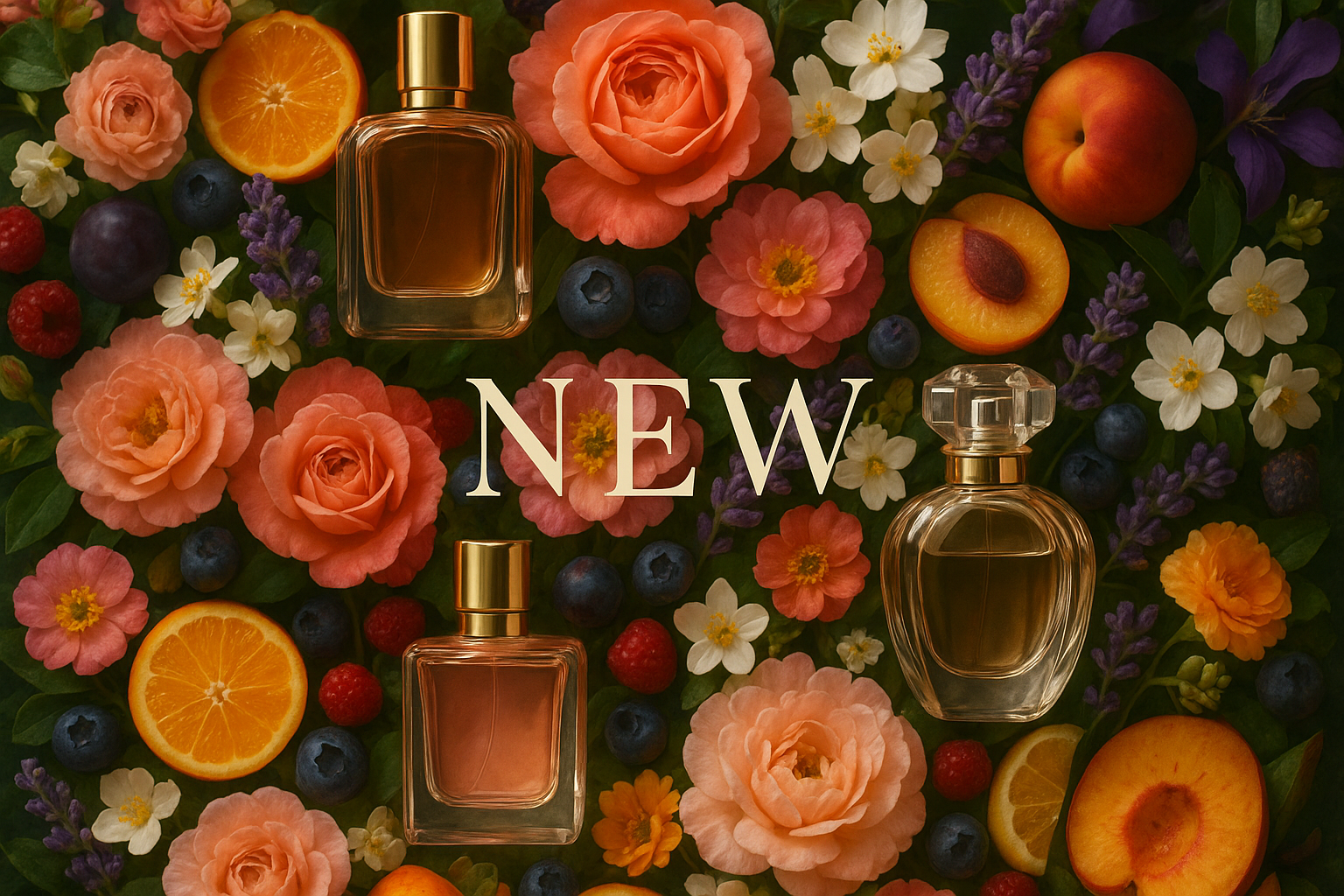 Make the word NEW smaller and put more perfume bottles and make it a portrait photo