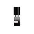 A square glass bottle with a black gradient, shiny black cap, and white label shows Sado Naso Extrait de Parfum by Fragrapedia Haus—Nasomatto, set against a white background, inviting the pleasure of the senses.