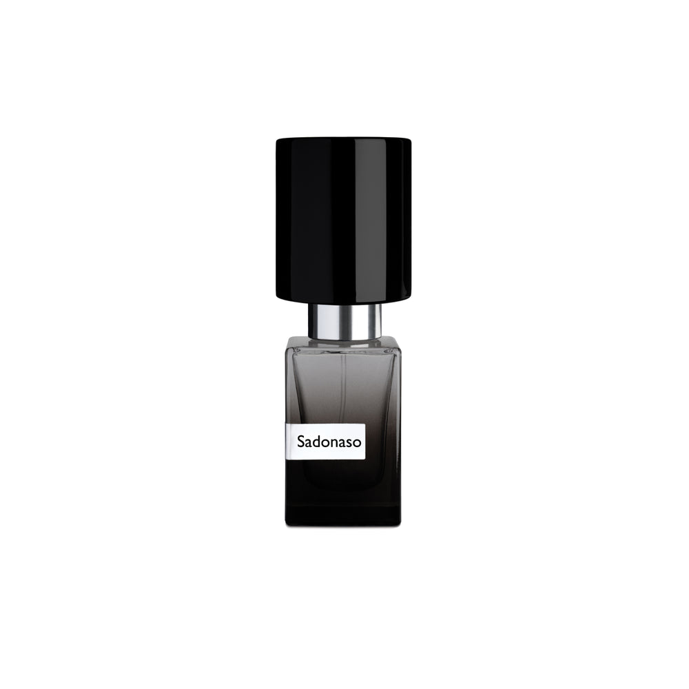 A square glass bottle with a black gradient, shiny black cap, and white label shows Sado Naso Extrait de Parfum by Fragrapedia Haus—Nasomatto, set against a white background, inviting the pleasure of the senses.