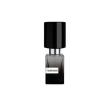 A square glass bottle with a black gradient, shiny black cap, and white label shows Sado Naso Extrait de Parfum by Fragrapedia Haus—Nasomatto, set against a white background, inviting the pleasure of the senses.