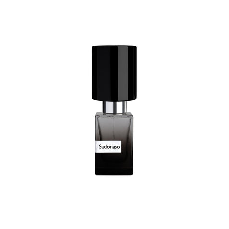 A square glass bottle with a black gradient, shiny black cap, and white label shows Sado Naso Extrait de Parfum by Fragrapedia Haus—Nasomatto, set against a white background, inviting the pleasure of the senses.