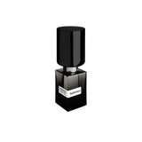 A sleek black bottle with a shiny tall cap and white label displays "Sado Naso Extrait de Parfum - Nasomatto" by Fragrapedia Haus, evoking sensory pleasure against a plain white background.