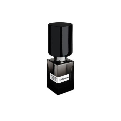 A sleek black bottle with a shiny tall cap and white label displays "Sado Naso Extrait de Parfum - Nasomatto" by Fragrapedia Haus, evoking sensory pleasure against a plain white background.