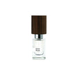 A clear glass Silver Musk Extrait de Parfum by Fragrapedia Haus, featuring a thick dark wooden cap and a label, is displayed against a plain white background.