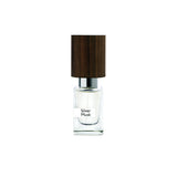 A clear glass Silver Musk Extrait de Parfum by Fragrapedia Haus, featuring a thick dark wooden cap and a label, is displayed against a plain white background.