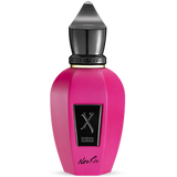 Pink perfume bottle with black cap  and Neo Rio written in cursive 