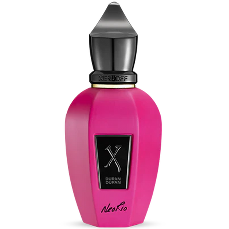 Pink perfume bottle with black cap  and Neo Rio written in cursive 
