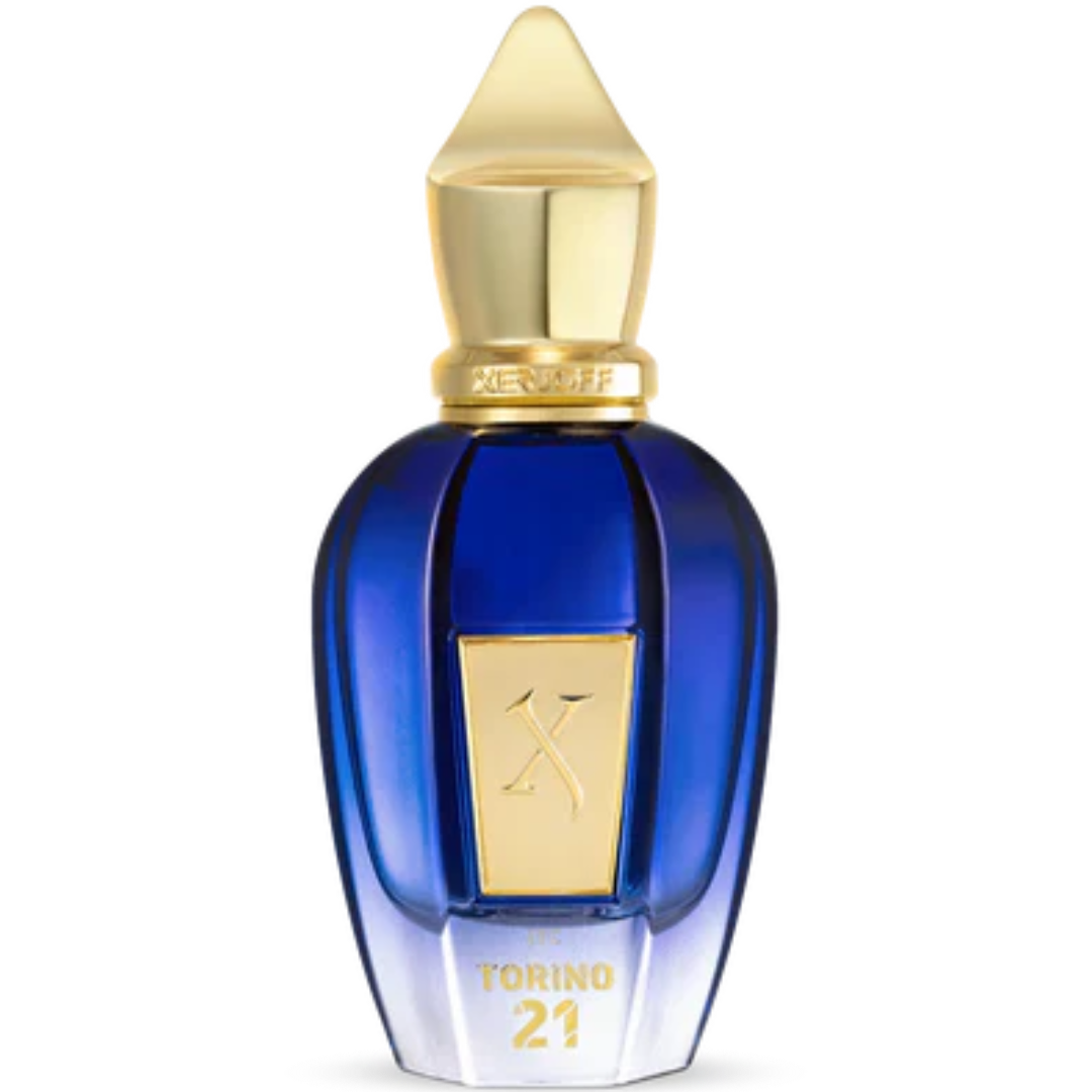 Blue perfume bottle with gold cap and X xerjoff-torino21
