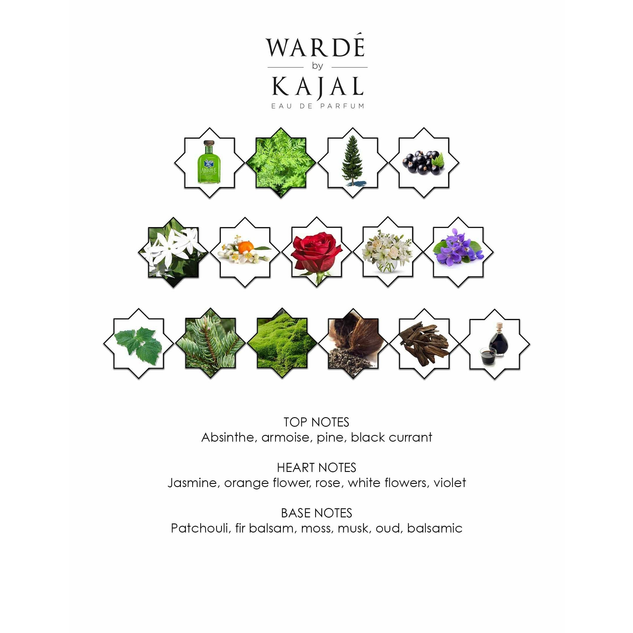 Notes of Warde by Kajal EDP 100ml.  A new niche fragrance part of the Warde Collection.