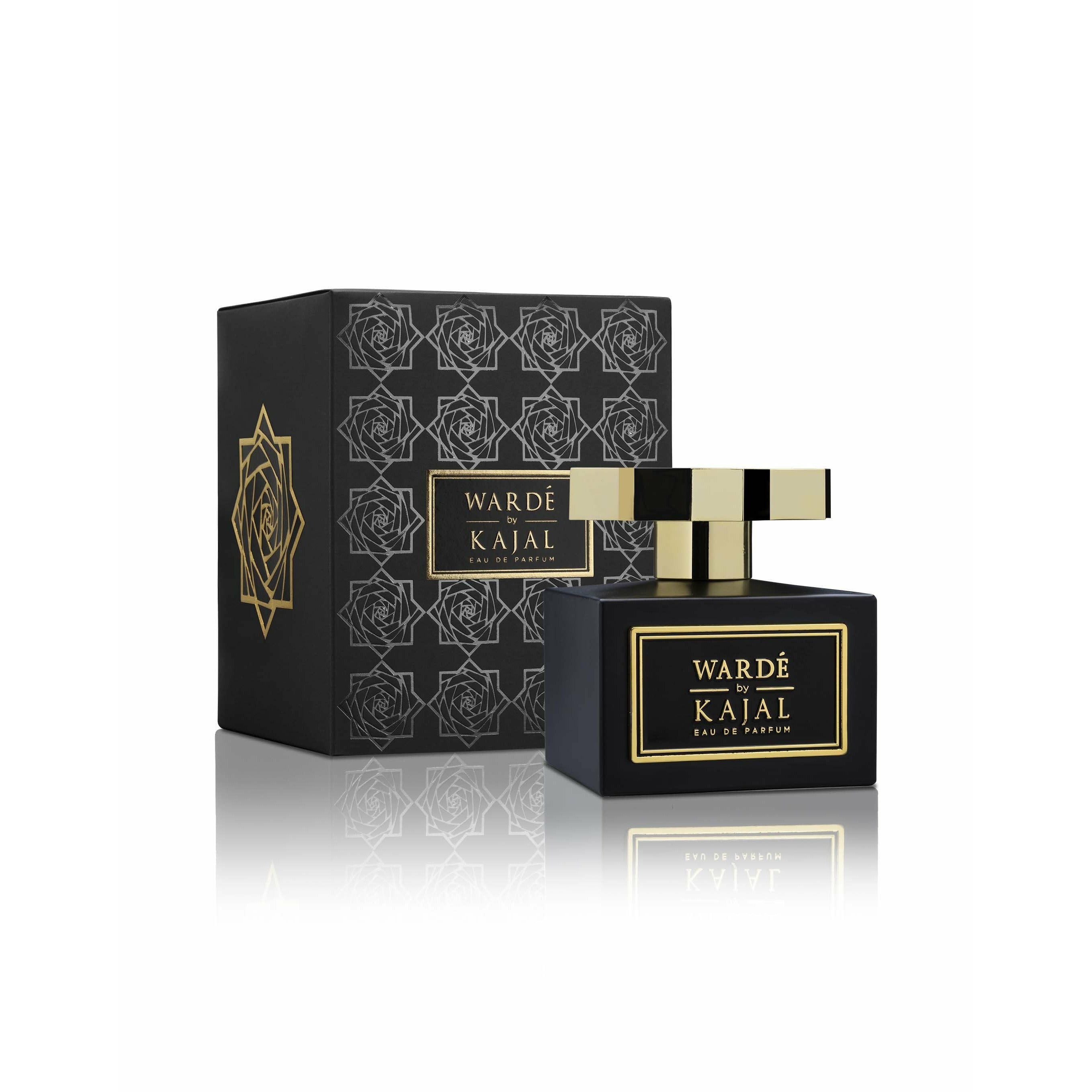 Warde EDP 100ml by Kajal Perfumes. Black cube bottle with gold logo and gold lid. Black carton box embossed with a black flower pattern to one side and a black and gold flower to the other side.