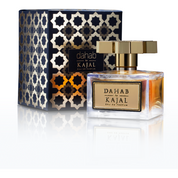 Black and gold mosaic patterned carton box, and glass bottle with golden star shaped lid of Dahab 100ml by Kajal Perfumes.